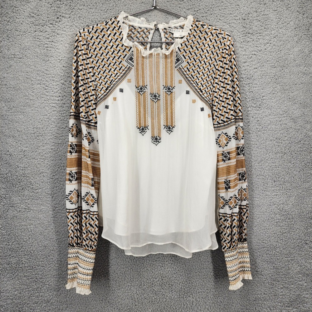 Veronica Beard White Embroidered Long Sleeve Ruffle Blouse Size 12